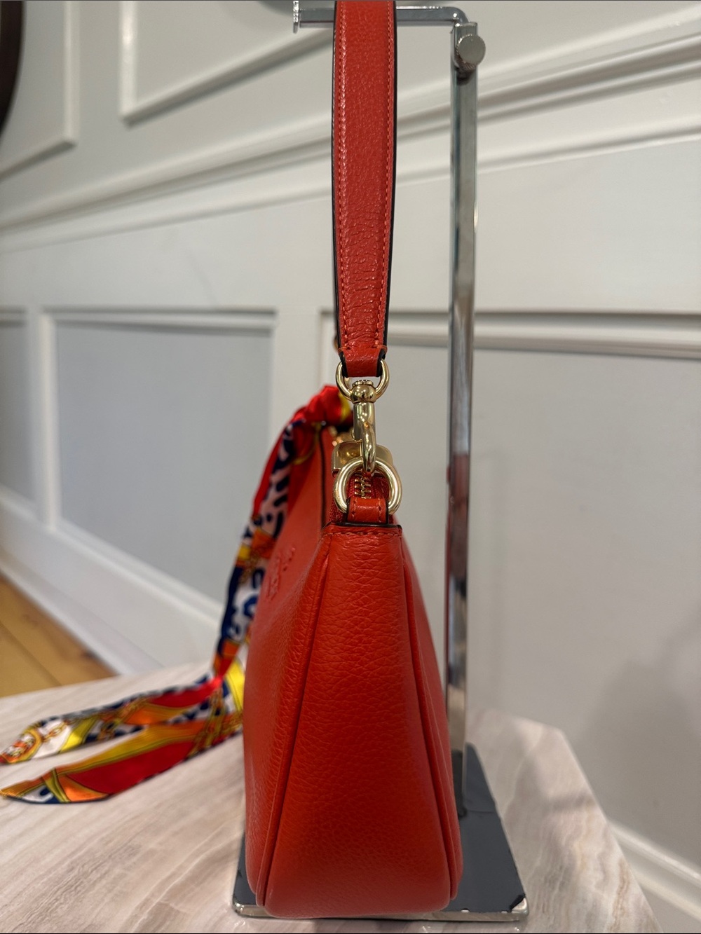 Coach Bag Teri Orange Pebbled Leather Small Shoulder Bag with Scarf Accent - Picture 7 of 17